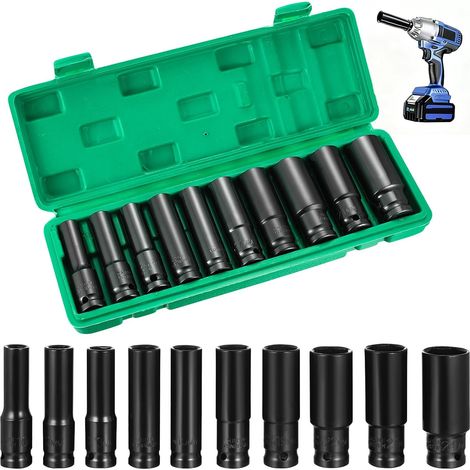 Ensemble de douilles à choc profond de 10 pièces, jeu de douilles à impact profond, ensembles de douilles de 10-24 mm avec boîte de rangement pour adaptateur de visseuse, pour adaptateur de conducteur (1/5)