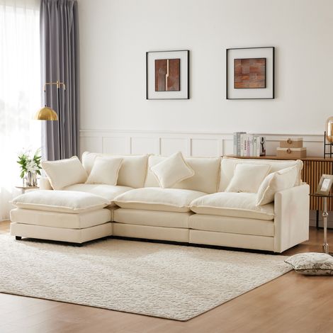Canapé d’angle moderne L 3 places en chenille avec repose-pieds,rembourré confortable pour salon et chambre,beige.