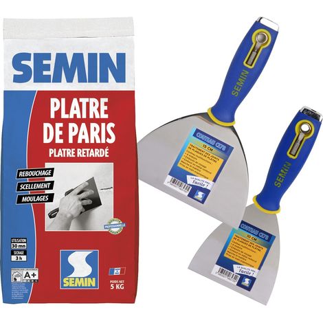 Pâtre de Paris Semin pour moulages, scellements et rebouchage - intérieur - sac de 5 kg, un couteau à enduire multifonctions CE 78 - 10 cm et un couteau à enduire - 15 cm (1/5)