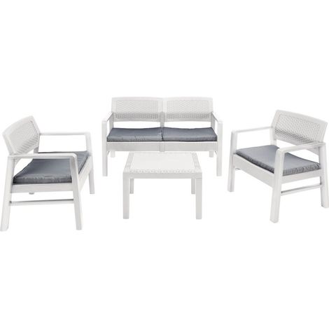 Dmora Outdoor-Lounge-Set Carpi, Gartengarnitur mit 2 Sesseln, 1 Sofa und 1 Couchtisch, Sitzecke in Rattan-Optik mit Kissen, 100 % Made in Italy, Weiß (1/3)