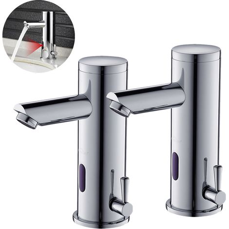 2PCS Auralum Rubinetto a Infrarossi in Ottone, Rubinetto Lavabo Bagno con Sensore Automatico Touchless, Miscelatore Acqua Calda e Fredda per Lavabo, Finitura Cromata