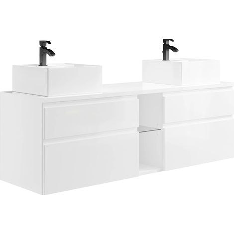 Vente-Unique – Meuble de salle de bain suspendu double vasque – Blanc – 150 cm – 4 tiroirs avec soft close – Éco-responsable fabriqué en Europe (1/5)