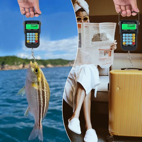 Bilancia per pesci da 110 libbre/50 kg con display LCD retroilluminato, portatile, elettronica, digitale, da appendere al gancio, con metro a nastro e righello, ideale per la caccia, la cucina e la po (1/5)
