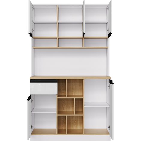 Buffet moderne blanc laqué avec portes brillantes, étagères réglables et poignées en aluminium, 105x45x185 cm (1/5)