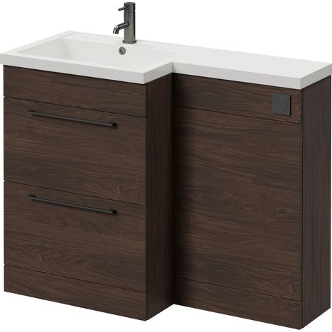Napoli 460 Brown Oak 1100mm 2 Drawer Vanity Unit Toilet Suite with Left Hand Square Lucia Basin - 1100mm - Gunmetal Grey 320mm HandleWithout Kingston Toilet Pan