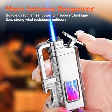 Briquet tempête 3 en 1 avec décapsuleur et porte-clés - Briquet en métal coupe-vent - Briquet à gaz pour bougies, cuisine, camping, cheminée - Cadeau pour homme (sans gaz butane) (1/3)
