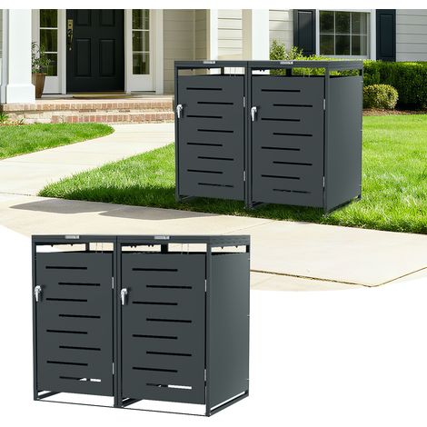 Randaco Mülltonnenbox 2er Set Edelstahl für 120L und 240L Mülltonnen, wetterfeste Mülltonnenverkleidung mit Gasdruckdeckel und Lüftung für Garten