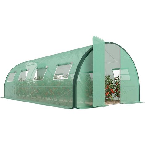 Serre de jardin tunnel serres tunnel 18 m² 8 fenêtres 2 portes articulées toile PE structure en fer galvanisé vert
