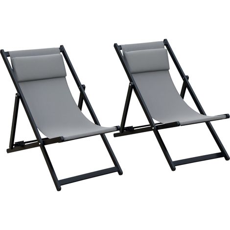 Outsunny Set of 2 Folding Garden Beach Aluminium Frame Deck Chairs Deckchairs Seaside Folding Garden Patio Lounger, Grey