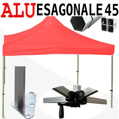 Gazebo 3x3 m rosso SENZA laterali pieghevole alluminio piantone esagonale 45mm portatile estendibile richiudibile estensibile acciaio per fiere eventi stand chiosco tenda tendone mercato mercatino (1/5)