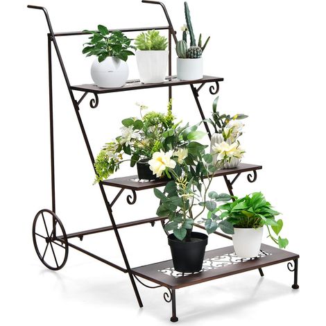 3-Tier Metal Plant Stand Ladder Shaped Flower Pot Holder Storage Rack w/ Wheels (1/5)