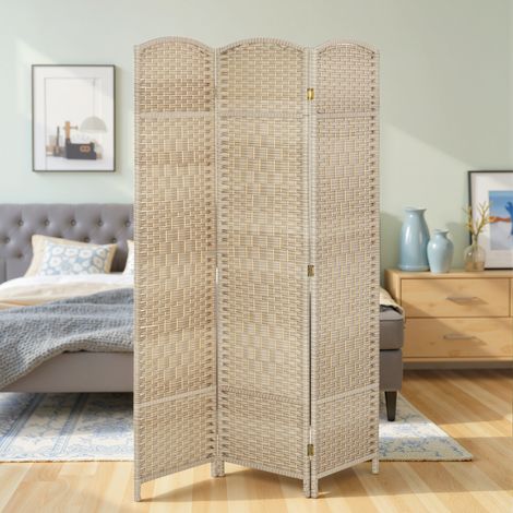 Biombo/separador de ambientes de madera de tres paneles para salón o dormitorio, 135 x 180 cm, roble. (1/5)
