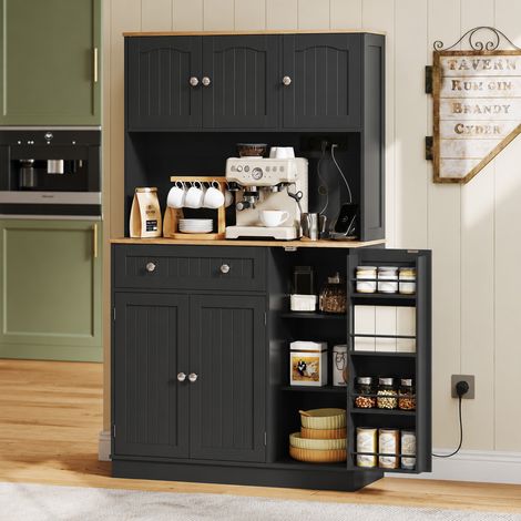Buffet haut cuisine, armoire de cuisine, station de charge, 6 portes, plan de travail, porte-épices, 100x40x173cm, noir (1/5)