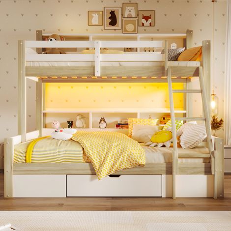 Etagenbett 90x200/140x200 cm Weiß Natur aus Kiefernholz mit LED, Stauraum und flexiblem Leiterzugang (1/5)