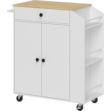 Rolling Kitchen Island with 3-Tier Spice Rack,Storage Cart with Drawer and Towel Holder in White
