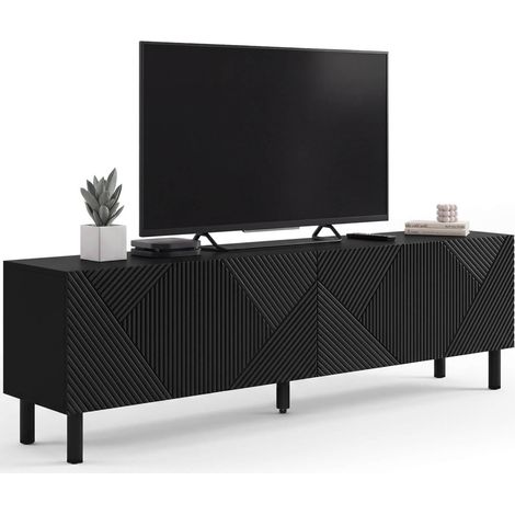 Porta TV HIMARA 180 cm, 2 ante, doghe geometriche in legno nero (1/5)