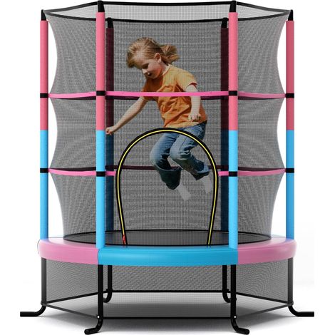 Trampoline Extérieur Enfants Ø165 CM avec Filet de Sécurité, Trampoline Enfants avec Cadre en Acier & 6 Poteaux Recouvert de Mousse (Macaron) (1/5)