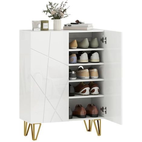 Armoire à chaussures blanche à 2 portes, 3 tablettes ajustables. Dimensions 72 × 31,5 × 95 cm, rangement fonctionnel pour l'entrée