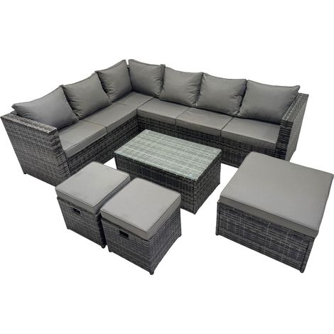 Fimous Outdoor Rattan Rectangular Coffee Table Corner Sofa Sets Garden Furniture Set with 3 Stools Dark Grey Mixed (1/5)