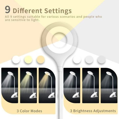 Wiederaufladbare, kabellose LED-Schreibtischlampe, Leselampe mit 28 LEDs, 3 Farben und 3 Dimmstufen, Klemm-Nachttischlampe, berührungsempfindliche Nachttischlampe für Kinder, Weiß (1/4)