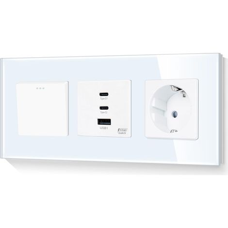 Interrupteur normal avec charge super rapide de 65 W avec prise de courant type c et USB Combinaison cadre en verre blanc 3 compartiments 228 mm 100-240 V ligne neutre (1/5)