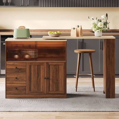 Isla de cocina 172 x 40 x 96 cm - mesa de bar giratoria a 360 grados, tira led rgb, puerta corredera de cristal, cajones, estilo moderno, MDF, natural (1/5)