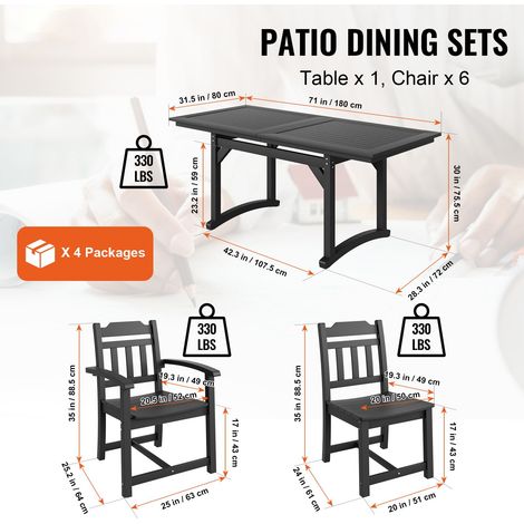 Ensemble repas jardin 7 pcs, table carrée et 6 chaises HIPS, meuble extérieur intempéries, pour terrasse cour piscine pelouse, noir (1/5)