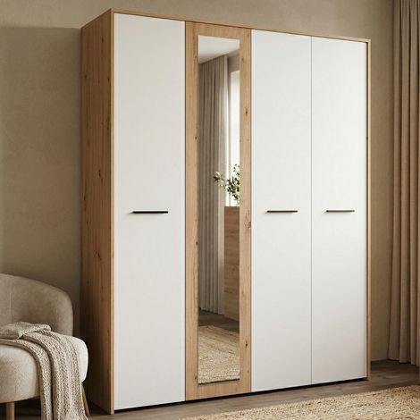 Großer Monvalle Kleiderschrank, Schlafzimmer Schrank mit Kleiderstange, 5 Regale, 4 Türen, 157,5x203,5h cm, Mattweiß (1/5)