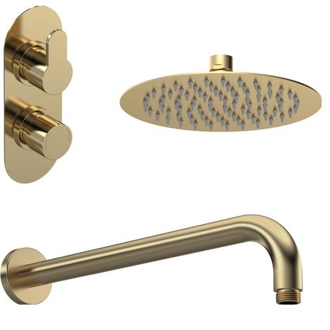 Balterley Pride Modern Round 1 Outlet Shower Valve, Head and Wall Arm Bundle - Brushed Brass