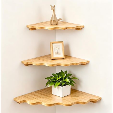 3 Étagères Murales d’Angle en Bois de Bambou, Tablettes Flottantes avec Trou pour Câble, Décoration Rustique (1/5)