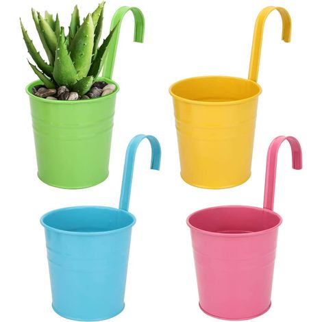 Ersandy – Hängende Metallblumentöpfe – 4er-Set mit Abflussloch – Durchmesser 10 cm – Lackiertes Eisen für den Außenbereich – Garten- und Balkondekoration (1/5)