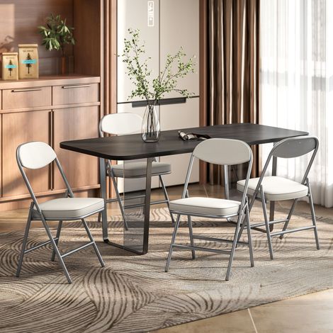 Set di 4 sedie pieghevoli imbottite, sedie pieghevoli con rivestimento in velluto a coste, schienale, struttura in metallo, bianco crema