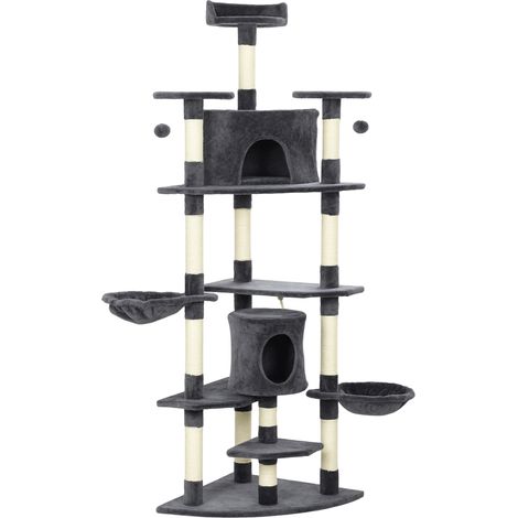 Albero Tiragraffi per Gatti 60x60x200 cm con Casette e Amache in Peluche e Sisal Grigio Scuro (1/5)