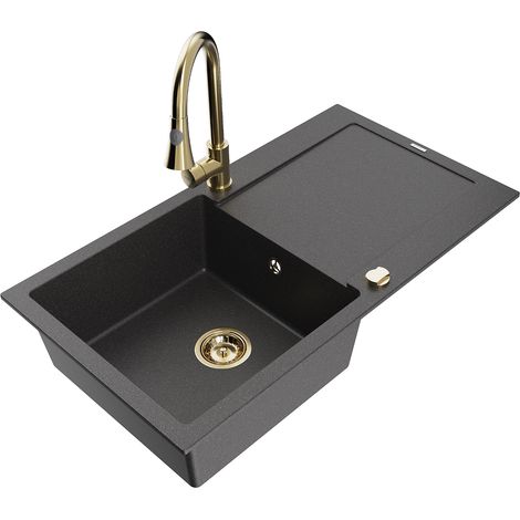 Mexen Leo lavello in granito a 1 vasca con sgocciolatoio e miscelatore cucina Elia, nero maculato - 6501-76-670101-50 (1/5)