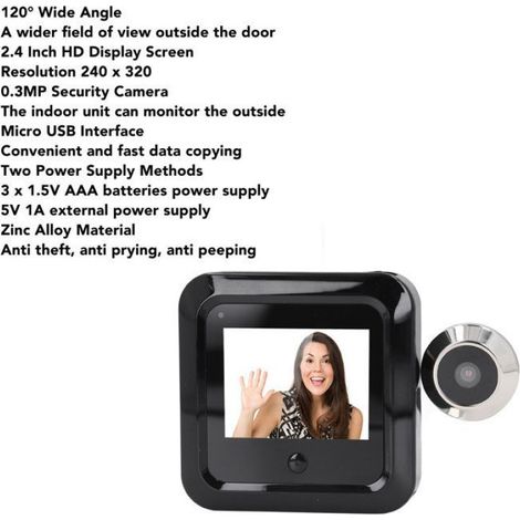 Visionneuse De Porte - Camera 0,3 MP - Angle De Vue 120 Degres - Ecran 2,4 Pouces - Alliage De Zinc Et ABS - Alimentation Batterie AAA Ou USB - 1 Unite (1/5)