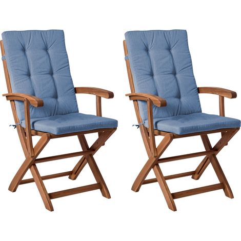 Set of 2 Garden Dining Chairs Brown with Blue Cushions Acacia Wood Frame Folding UV and Water-Resistant Rustic Design MAUI PREMIUM (1/5)