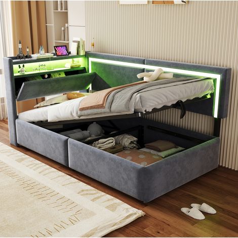 Letto imbottito 90x200 cm in velluto grigio scuro con LED, USB e contenitore idraulico (1/5)