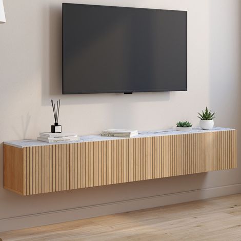 Mueble TV suspendido JULIETTE 180 cm con 2 puertas, encimera efecto mármol, listones de madera color roble