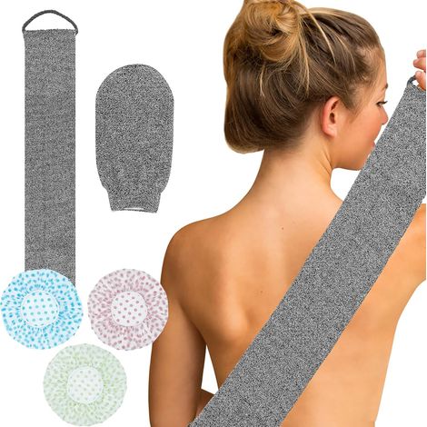 1 Gant de douche exfoliant, fibre de bambou, poignées renforcées, nettoyage profond, gris, avec 3 bonnets de bain (1/5)