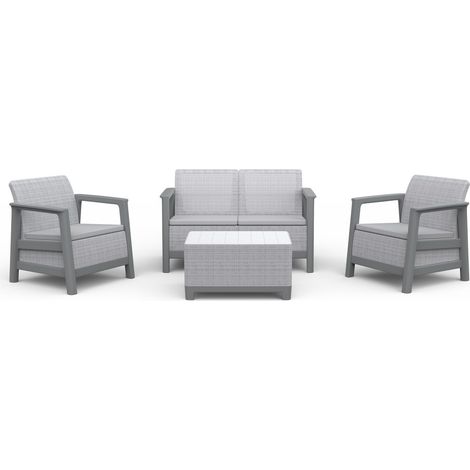 Keter – Ensemble salon de jardin 2 fauteuils + canapé + table basse coffre – Structure solide – Résistant intempéries – Dimensions fauteuil 73x70,9x77,5cm