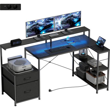 Gaming Tisch L-förmiger Schreibtisch mit LED & Steckdosen, mit Doppelmonitorständer, 165x80x91,5 cm, Schwarze Holzoptik