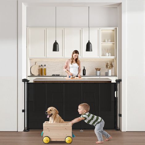 Barrière de Sécurité Extensible Jusqu’à 140 cm Hauteur 87 cm, Barrière Rétractable pour Animaux de Compagnie, Clôtures en Mailles, pour Chiens Couloir Escalier Porte Salle de Jeux, Noir (1/5)
