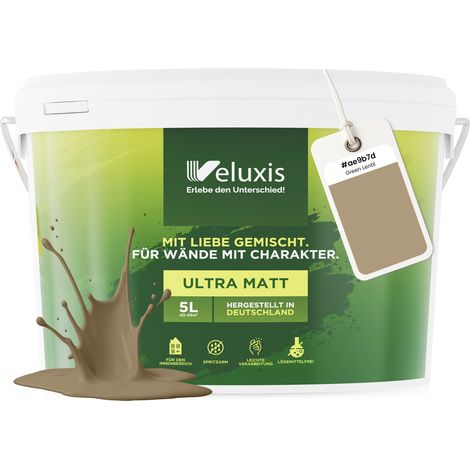 Wandfarbe Beige Grün Gold Matt Innenfarbe – Deckkraft Klasse 1, VOC-frei, Ohne Grundierung, Tropfarm – Wohnzimmer & Schlafzimmer – 5L – Veluxis (Green Lentil)