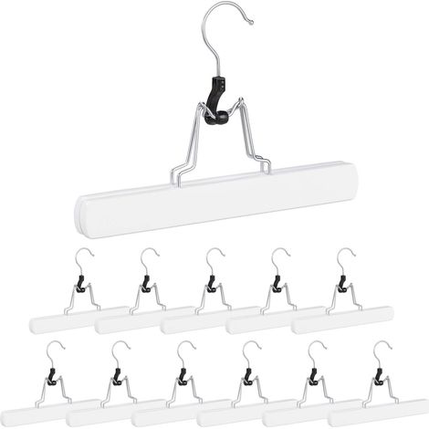 Cintre Pince Bois, Lot de 12, Jupe Pantalon, Crochet 360°, Feutre HxlxP: 17 x 25 x 2,3 cm, Blanc, métal (1/5)