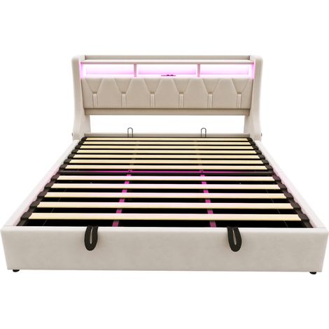 Letto contenitore 180 x 200 cm in velluto beige con testiera reclinabile, LED e prese (1/5)