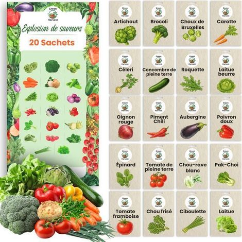 Graines de légumes– Kit de 20 sachets de graines de légumes – Jardin et potager – Tomate, Piment, Brocoli, Laitue (1/3)