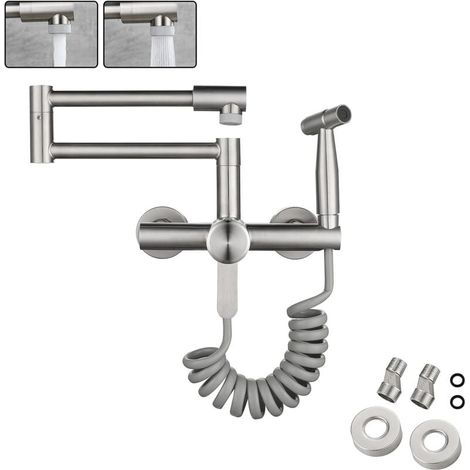Forehill – Robinet mural de cuisine en acier inoxydable 304 – Pistolet de pulvérisation – 2 jets d\'eau – Rotation 360° – Installation facile 13CM-17CM (1/5)