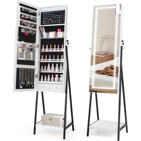 Goplus – Armoire à bijoux miroir pleine longueur avec lumière LED – 72 compartiments – Verrouillable – MDF et métal – Dimensions 41 x 35 x 160 cm