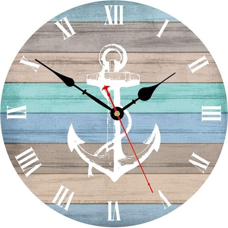 Horloge Murale 30cm Décorative Style Nautique Ancre Chiffres Romains Piles Silencieuses Facile à Lire (1/4)