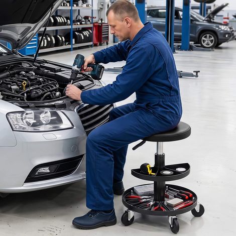 Adjustable Rolling Mechanic Stool with Tool Trays, Black (1/5)
